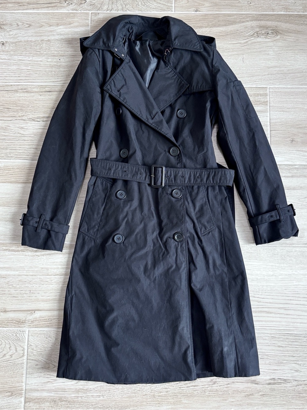 Norma Kamali Double Breasted Trench Coat Black Belted Women’s Size XS